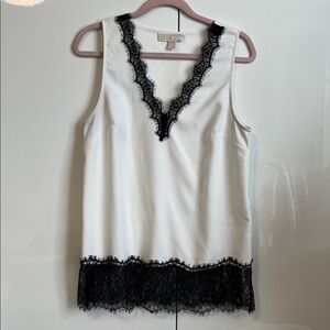 MICHAEL KORS White Sleeveless Top with Black Lace Trim, Size M